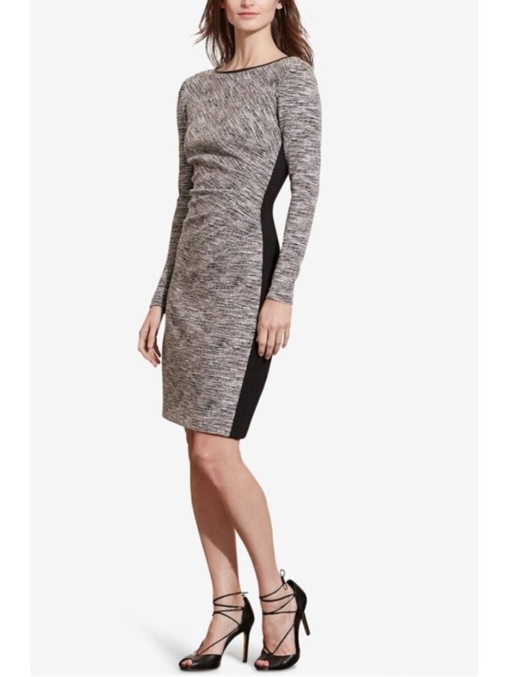 Ralph‎ Lauren Black White Marled Knit Sheath Dress Size 10 Long Sleeves Office